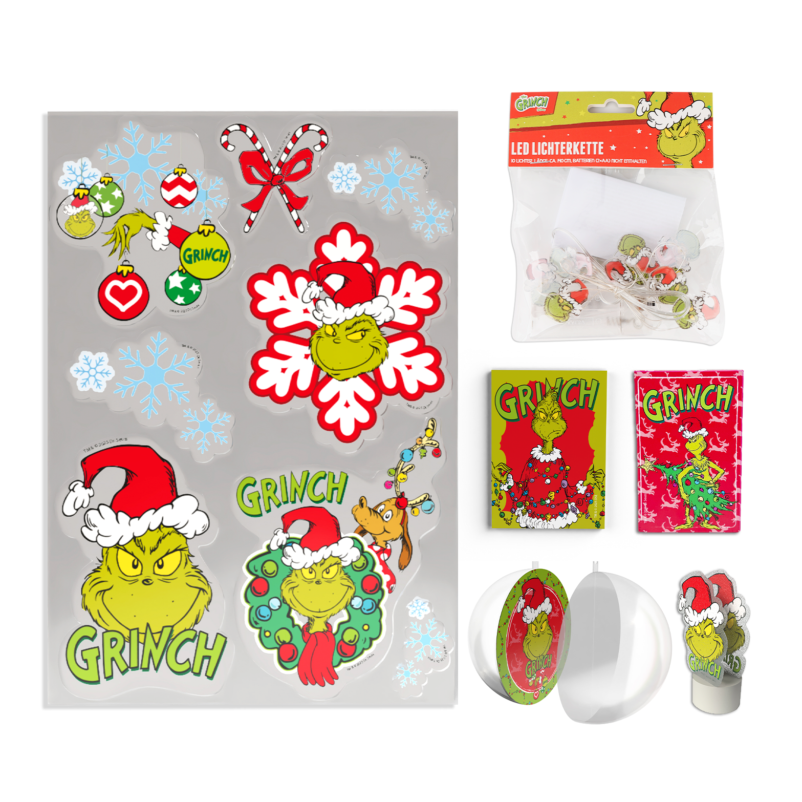 The Grinch Fensterbilder, Lichterkette, LED-Teelicht, Weihnachtskugel & Magnete – 6-teiliges Set