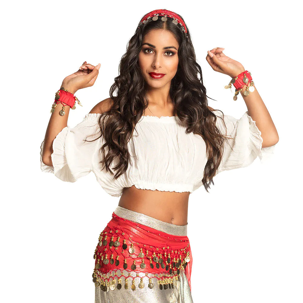 Belly Dance Set rot – 4-teilig mit Haartuch 2 Armbändern Gürtel für Bauchtanz 2