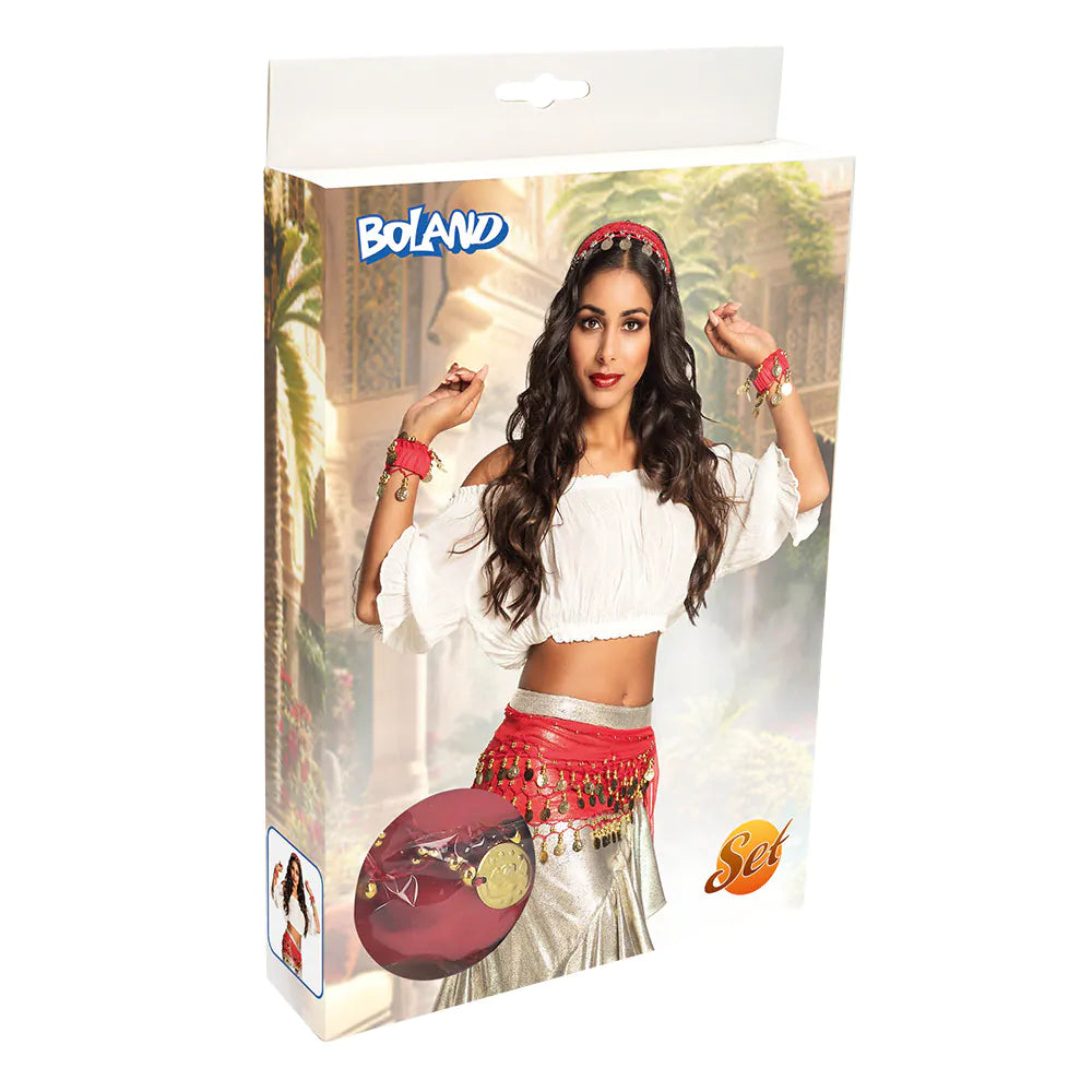 Belly Dance Set rot – 4-teilig mit Haartuch 2 Armbändern Gürtel für Bauchtanz 6