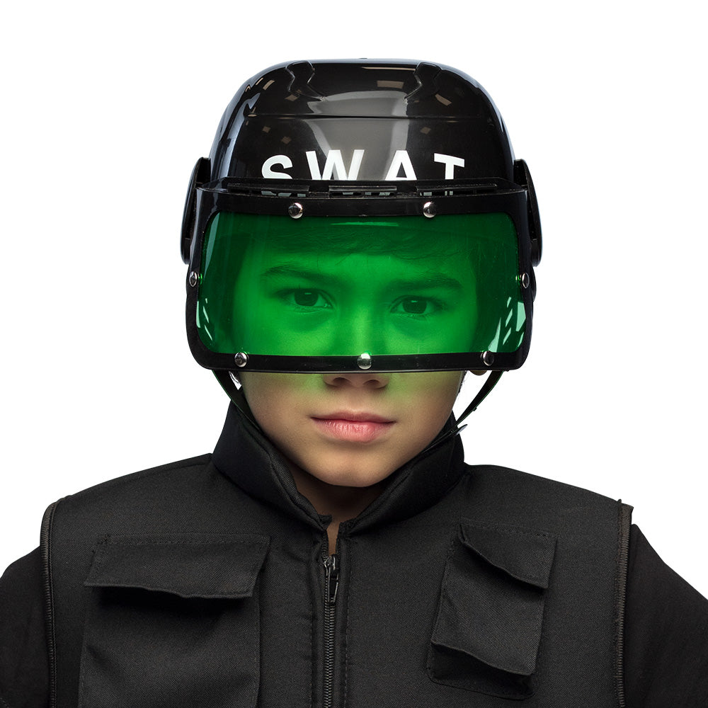 Kinderhelm SWAT – schwarzer Polizeieinsatzhelm mit Visier für Karneval & Spiel