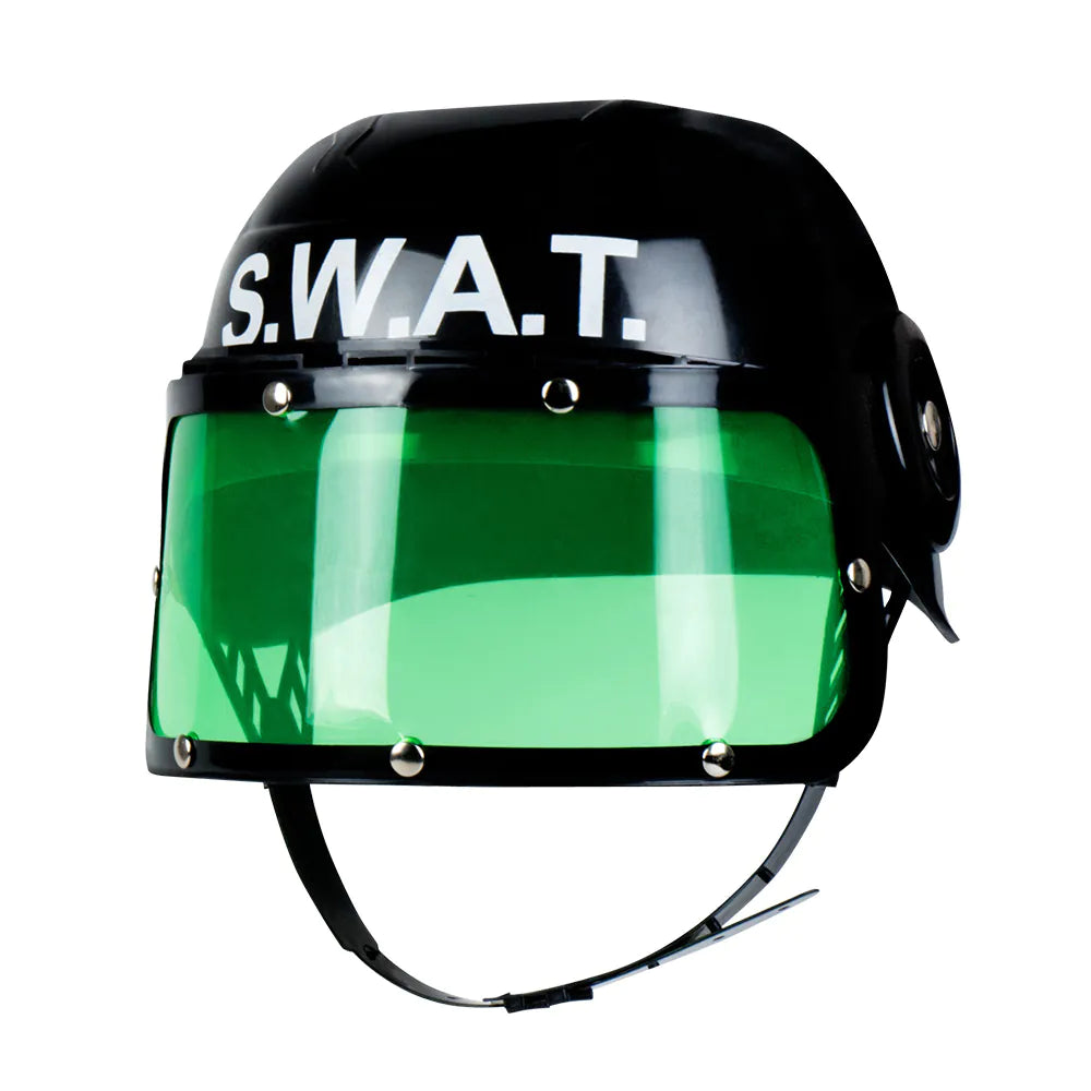 Kinderhelm SWAT – schwarzer Polizeieinsatzhelm mit Visier für Karneval & Spiel 2