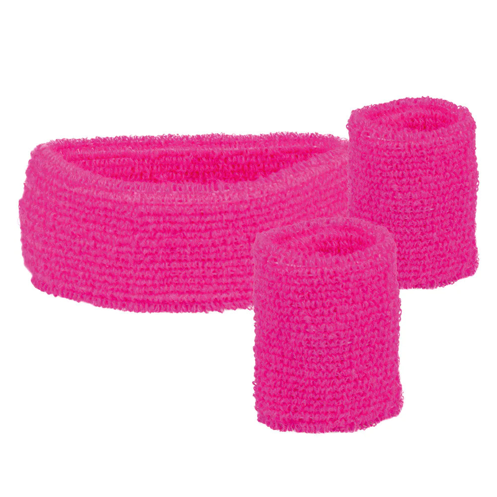 Schweißband Set 3-teilig neonrosa UV – Stirnband & Armbänder für Party 2