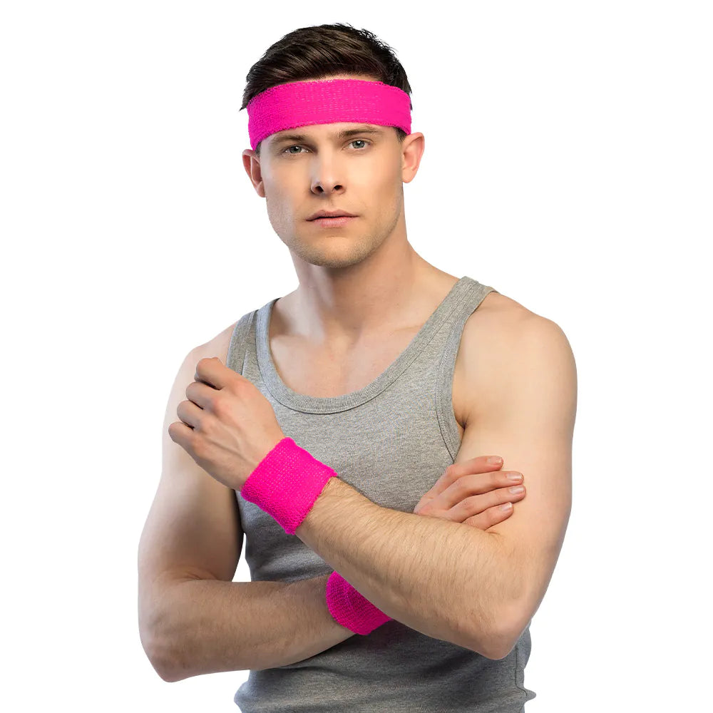 Schweißband Set 3-teilig neonrosa UV – Stirnband & Armbänder für Party 3