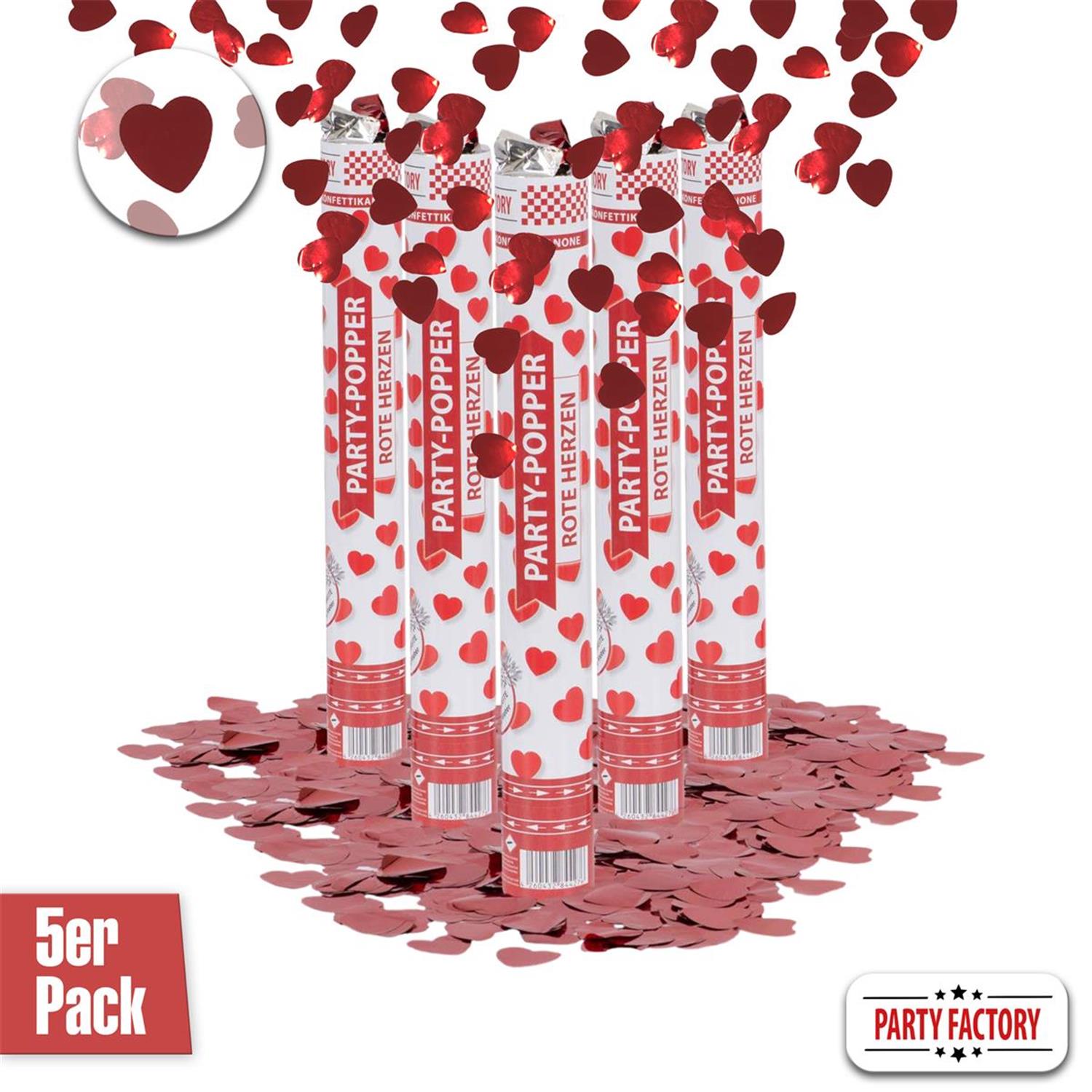 Party Popper 40cm, Rote Herzen, 5er Set