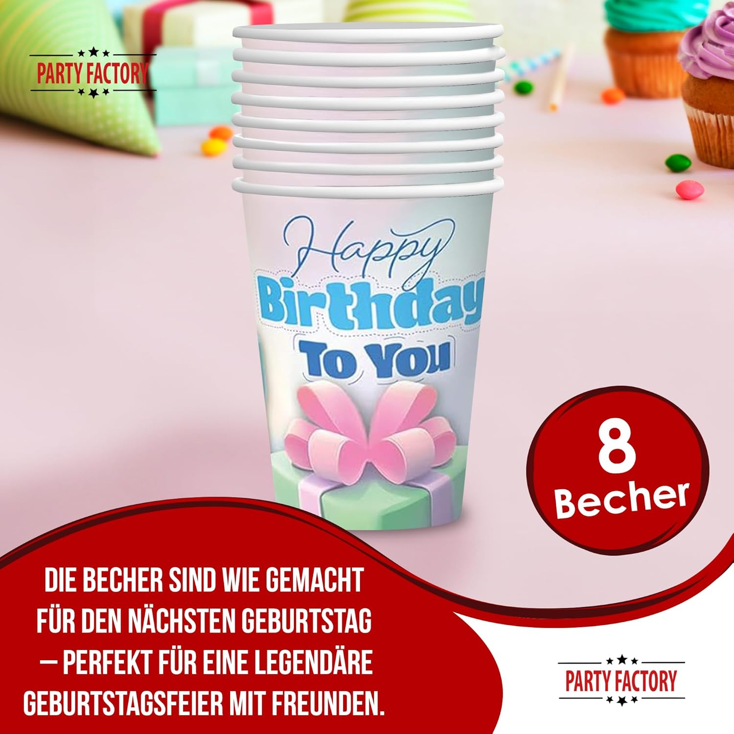 Happy Birthday Becher Pastell – 8er-Pack, 250 ml, zarte Farben für die Party