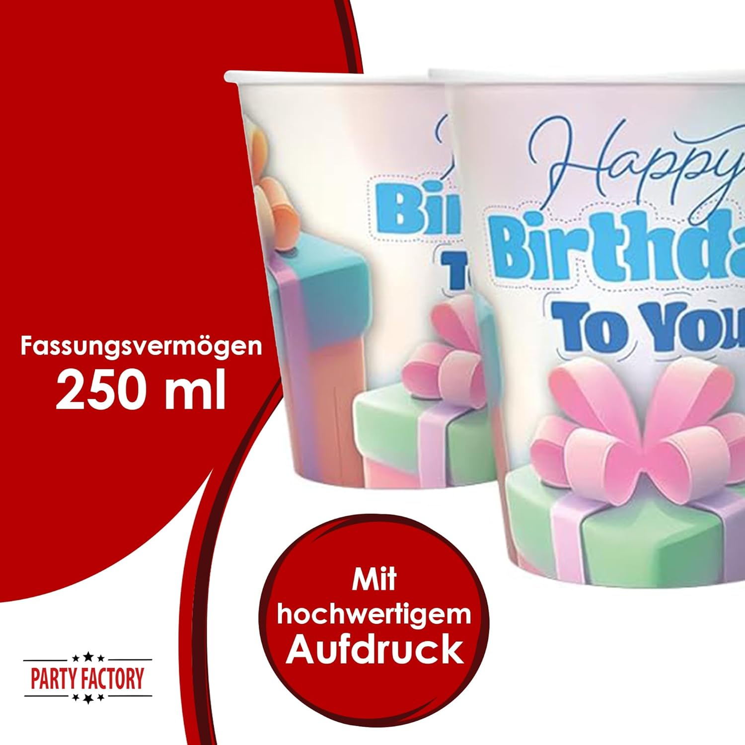 Happy Birthday Becher Pastell 8er-Pack 250 ml zarte Farben für die Party 4