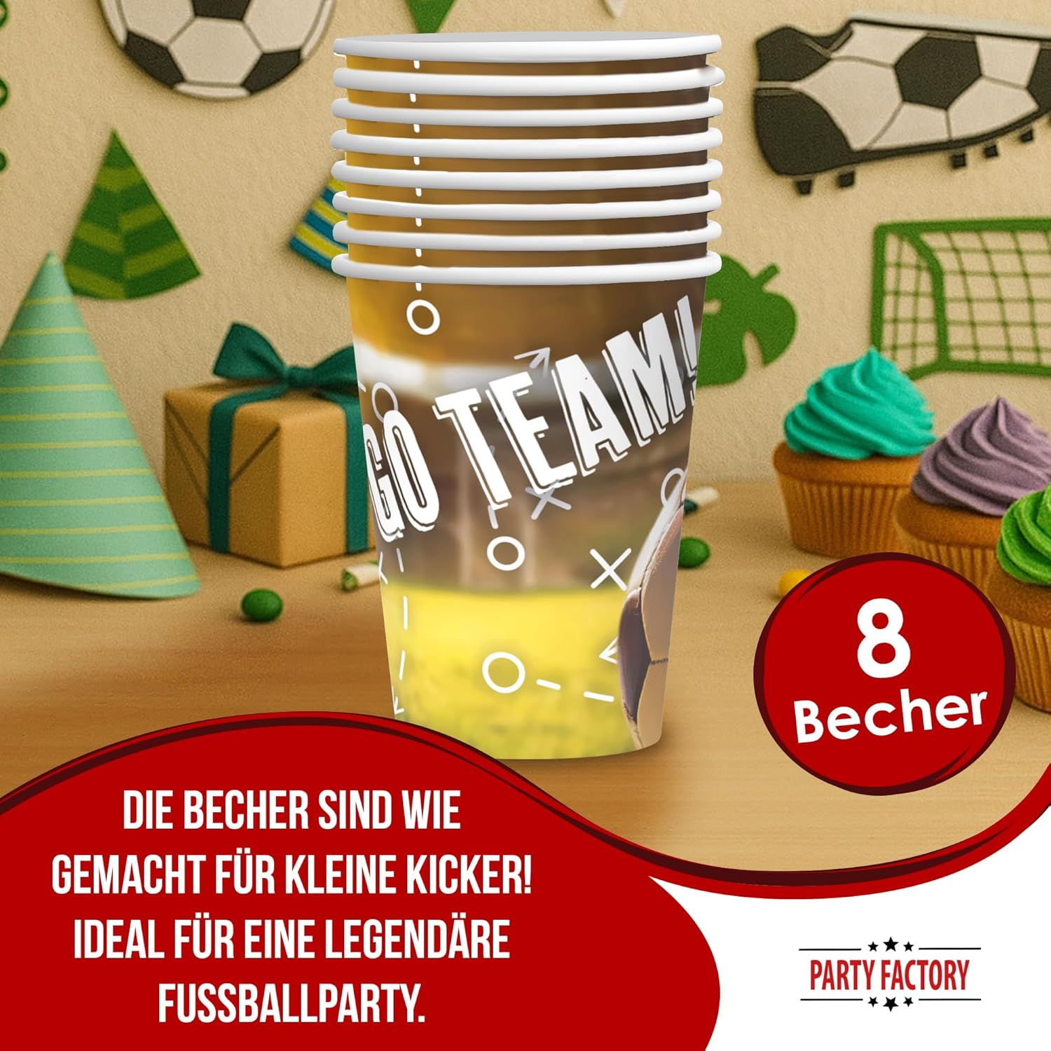 Becher Fußball Realistisch – 8er-Pack, 250 ml, Fanartikel für Fußballgeburtstag 2