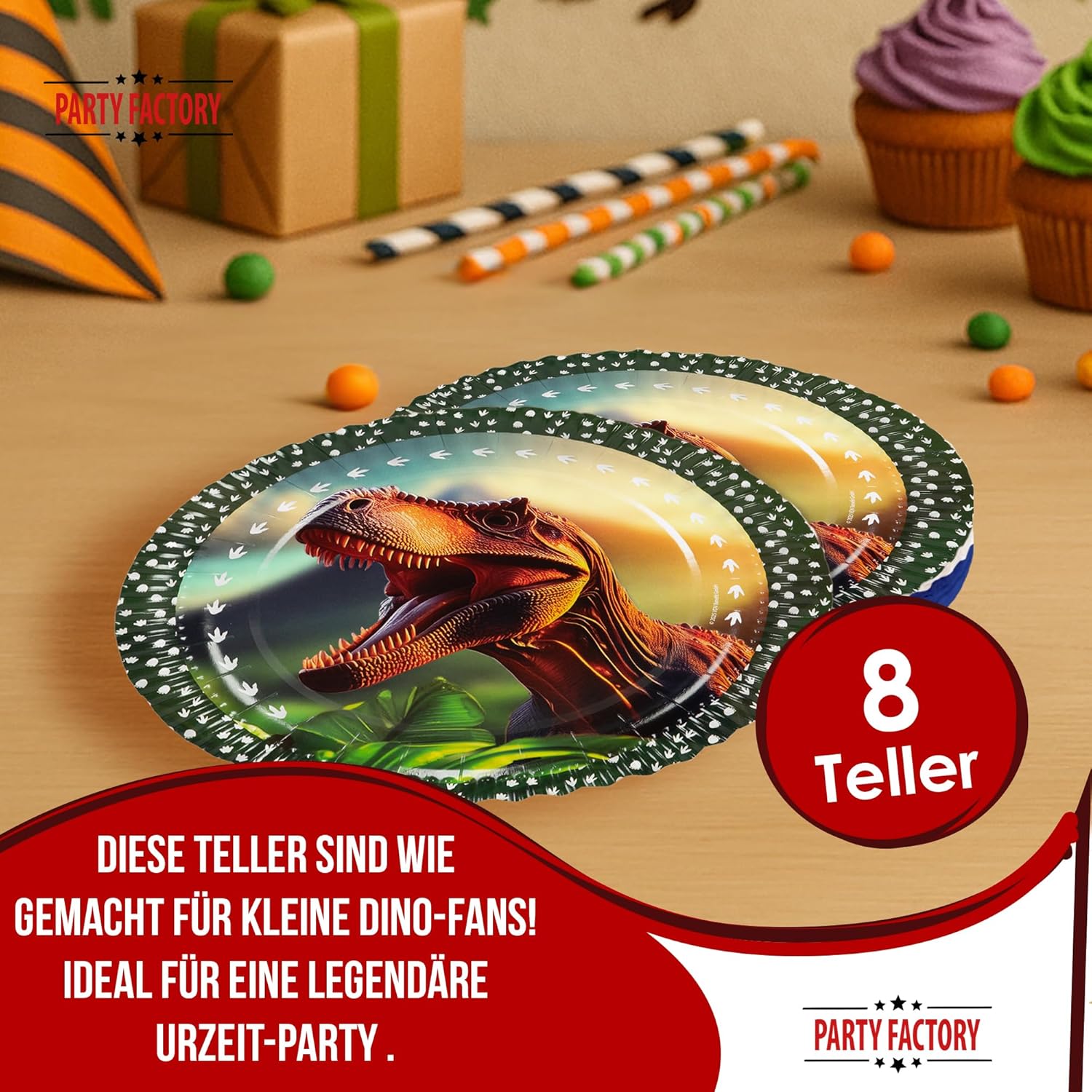 Dino Teller Realistisch – 8er-Pack, Ø 23  cm starke Pappteller für Dinopartys 2