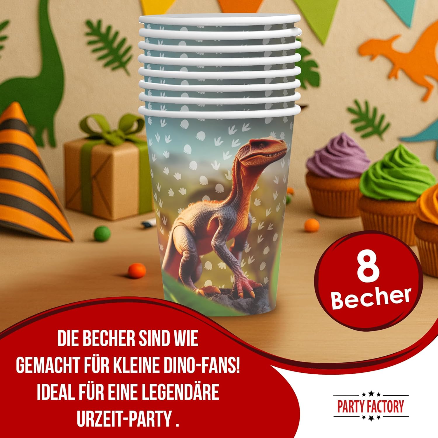 Becher Dino Realistisch – 8er-Pack, 250 ml, für wilde Kindergeburtstage & Partys 2