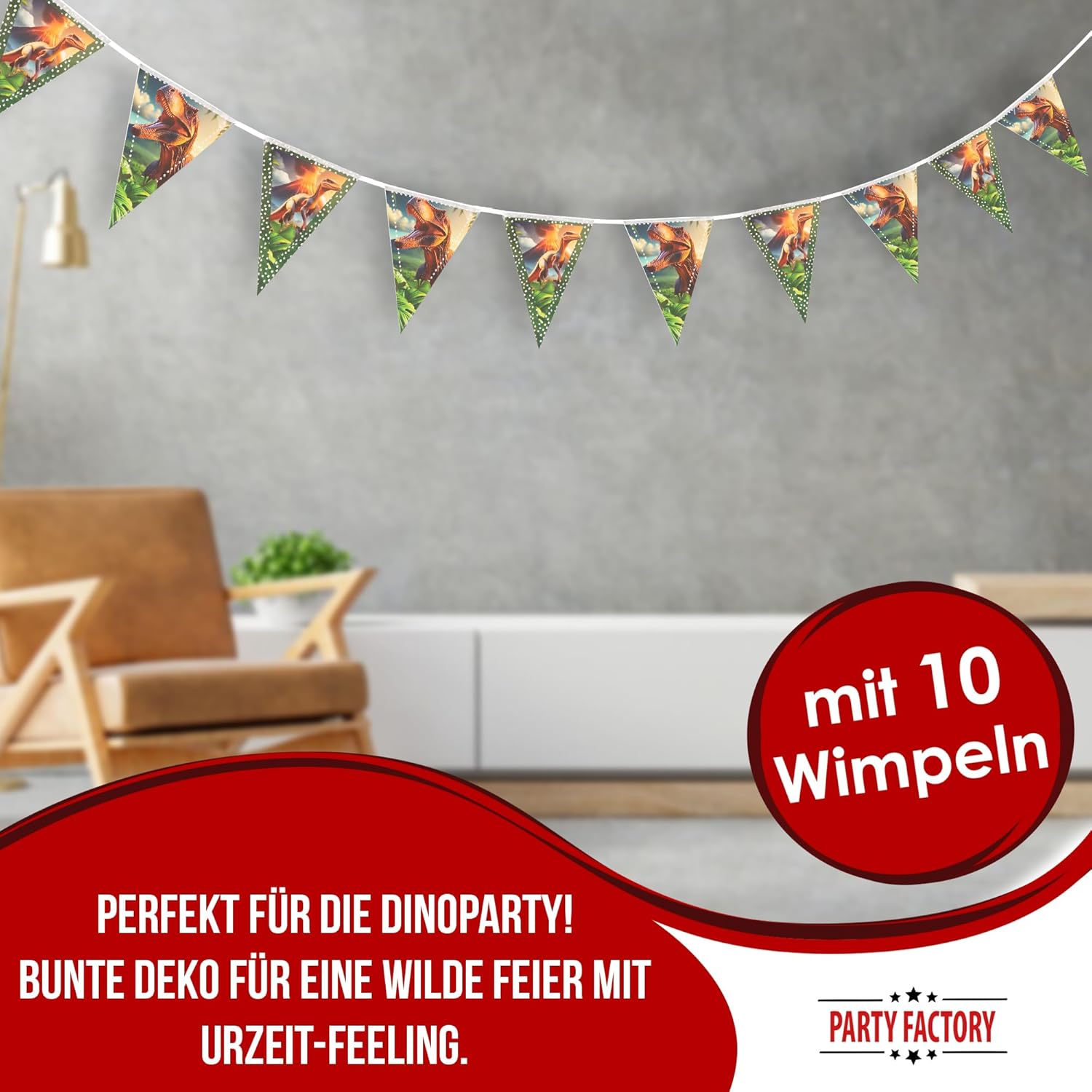 Dino Wimpelkette 4–5 m – realistische Dinosaurier Deko für Kindergeburtstag 2