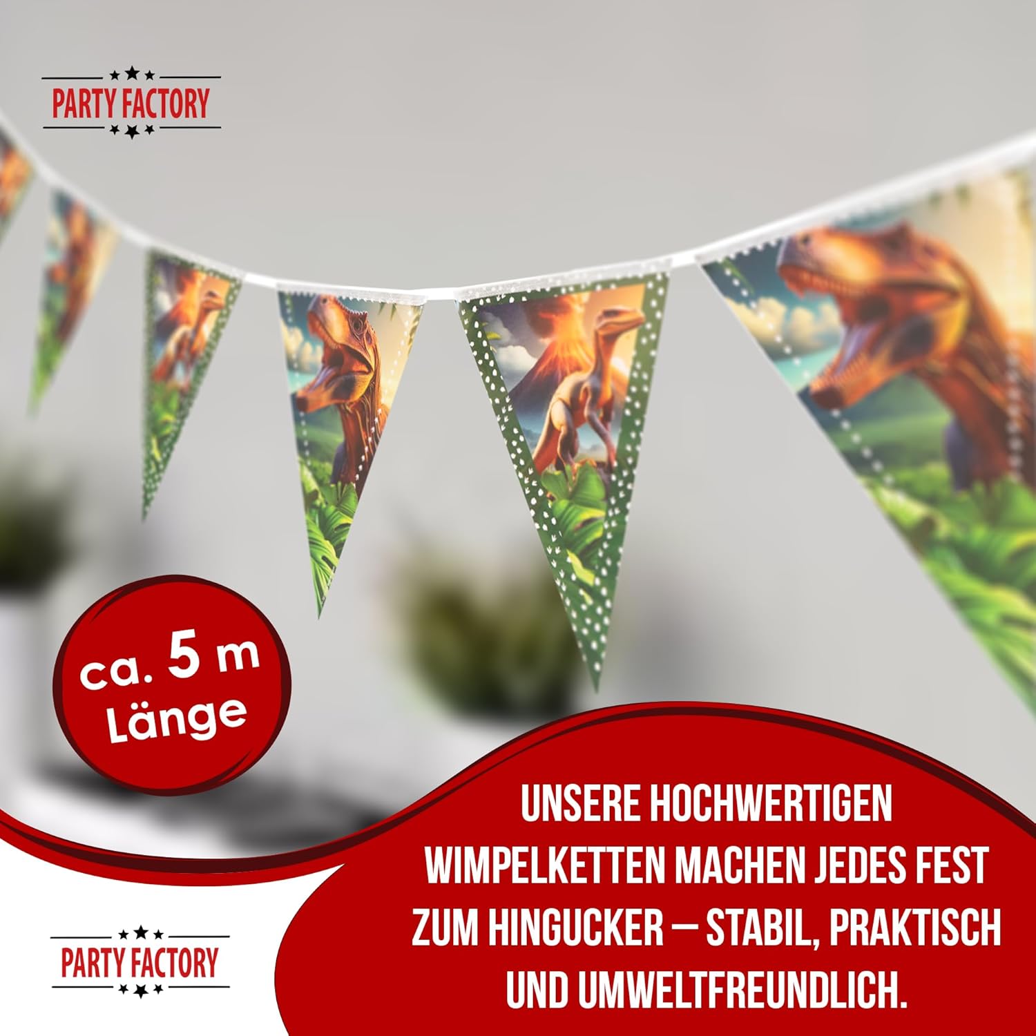 Dino Wimpelkette 4–5 m – realistische Dinosaurier Deko für Kindergeburtstag 3