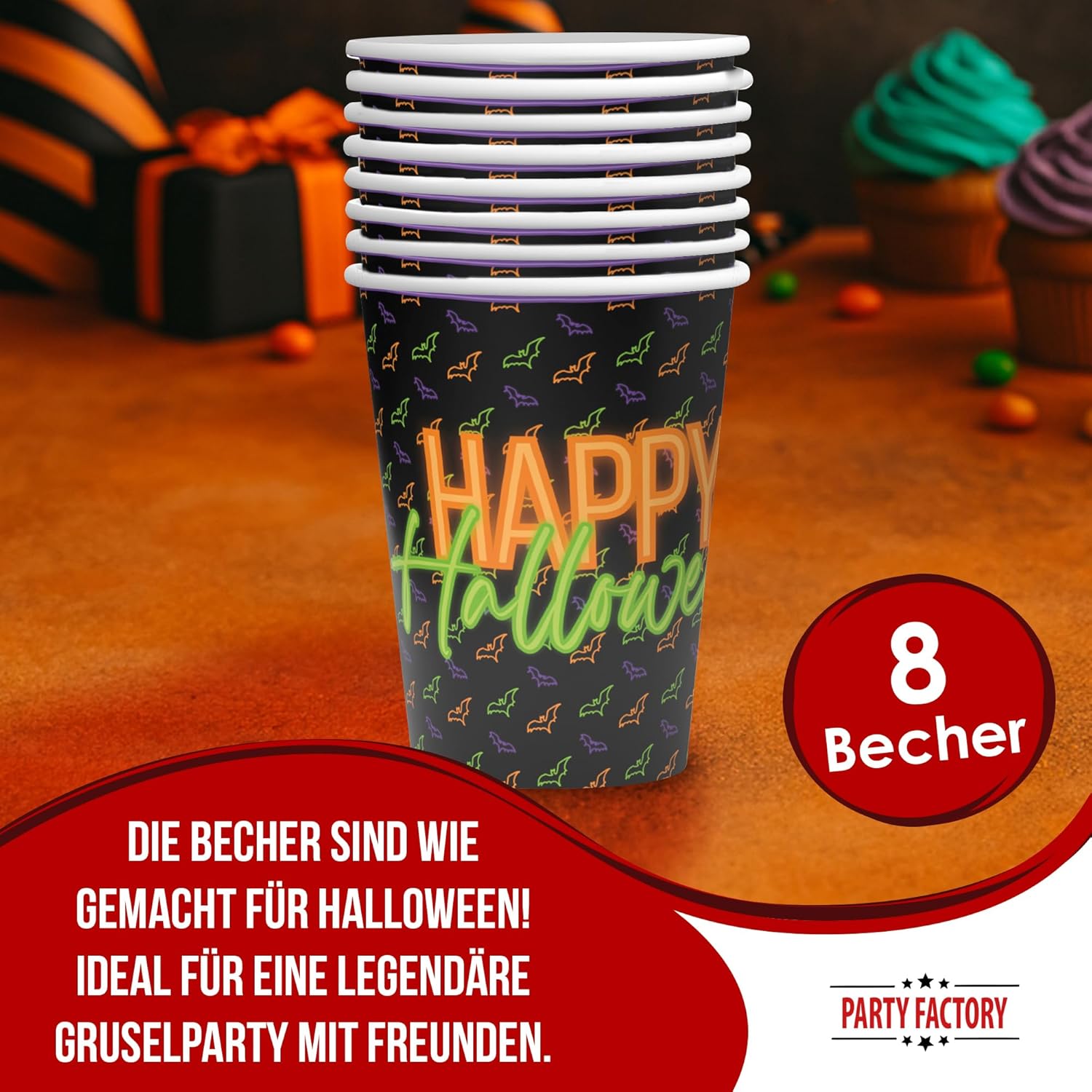 Halloween Neon Becher 8er-Pack 250 ml leuchtende Partydeko für Halloween 2