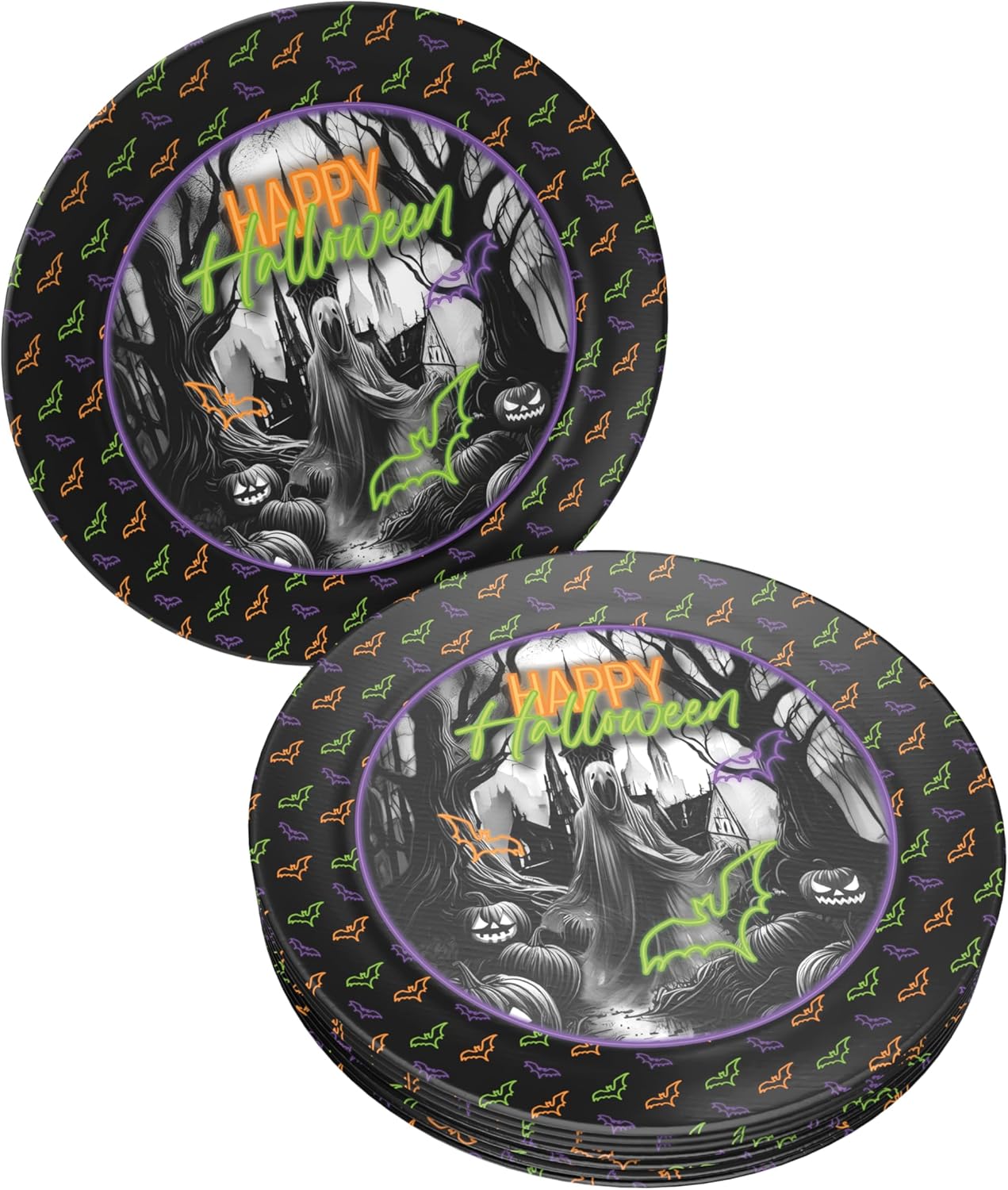 Halloween Neon Teller – 8er-Pack, Ø 23 cm, bunte Deko für Grusel- und Kinderpartys