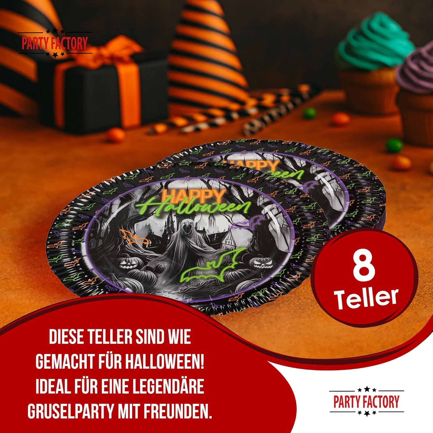 Halloween Neon Teller 8er-Pack Ø 23 cm bunte Deko für Grusel- und Kinderpartys 3