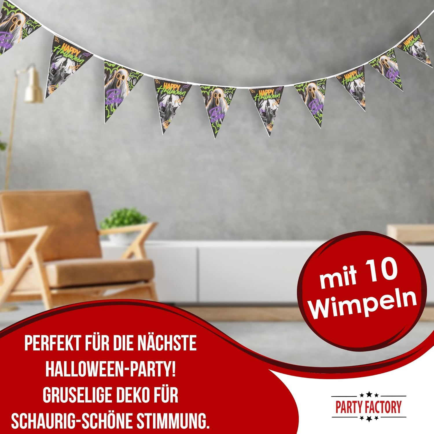 Halloween Wimpelkette Neon 4–5 m – leuchtende Deko für gruselige Partys 2