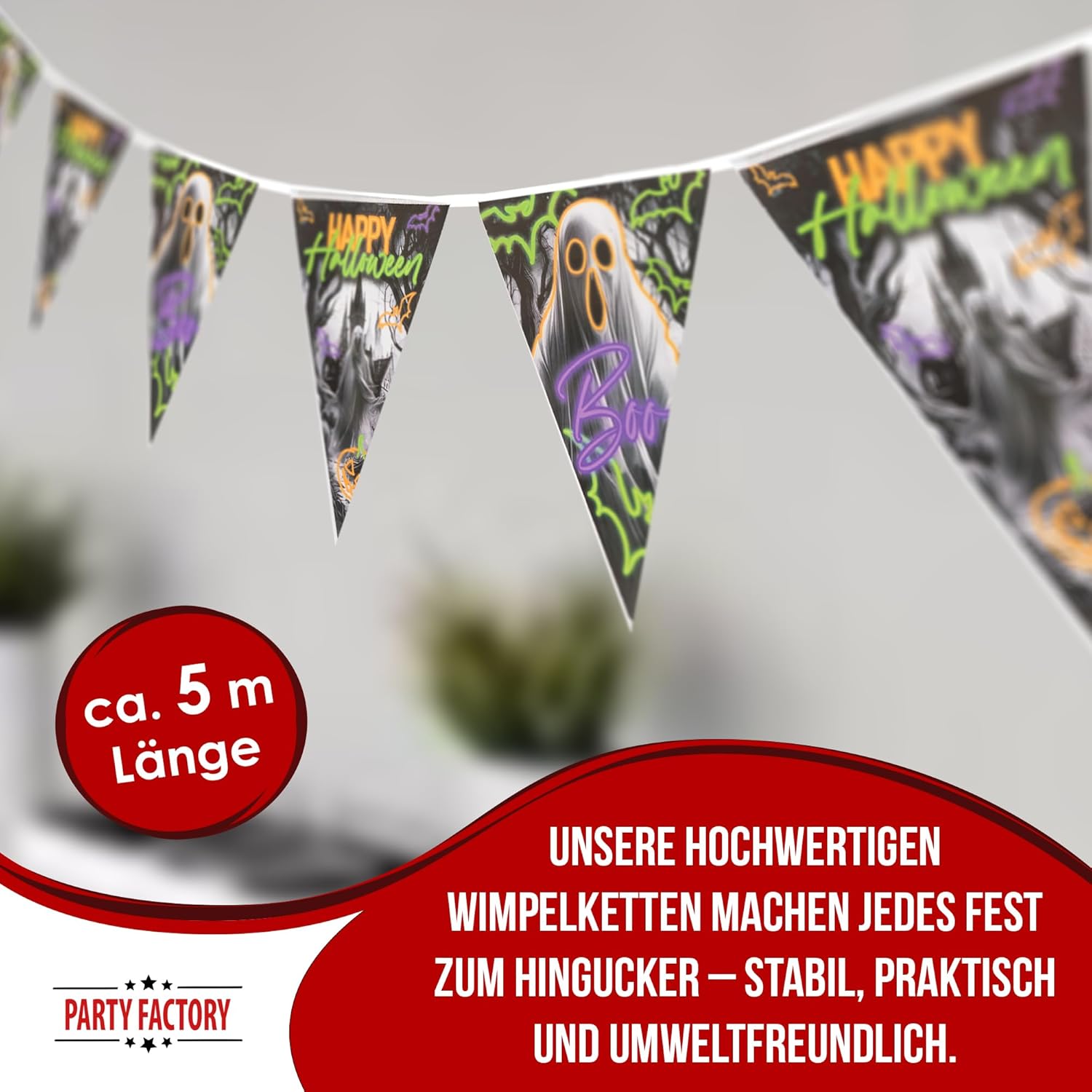 Halloween Wimpelkette Neon 4–5 m – leuchtende Deko für gruselige Partys 3