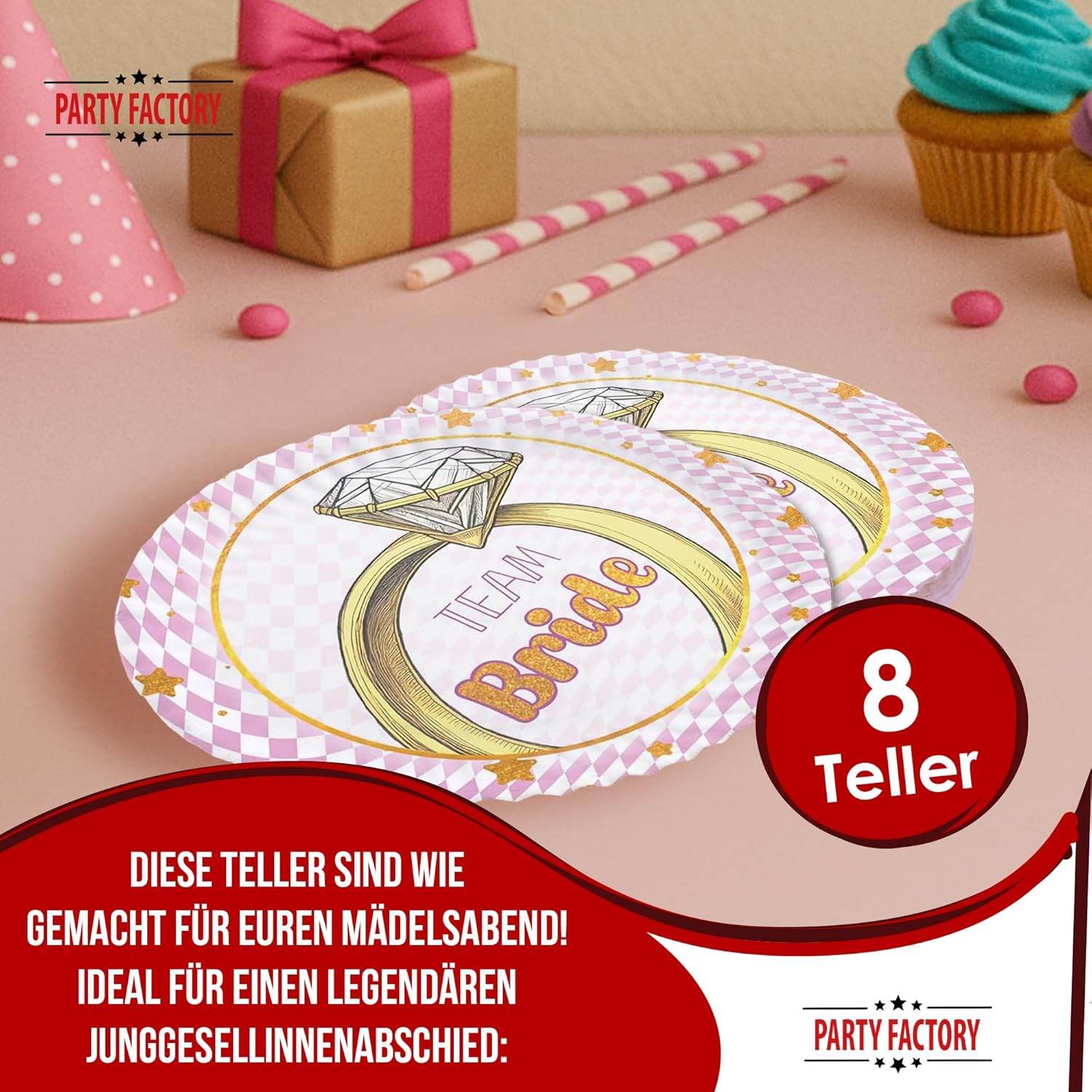 Bachelorette Teller 8er-Pack Ø 23 cm rosa-goldene Deko für den JGA 3