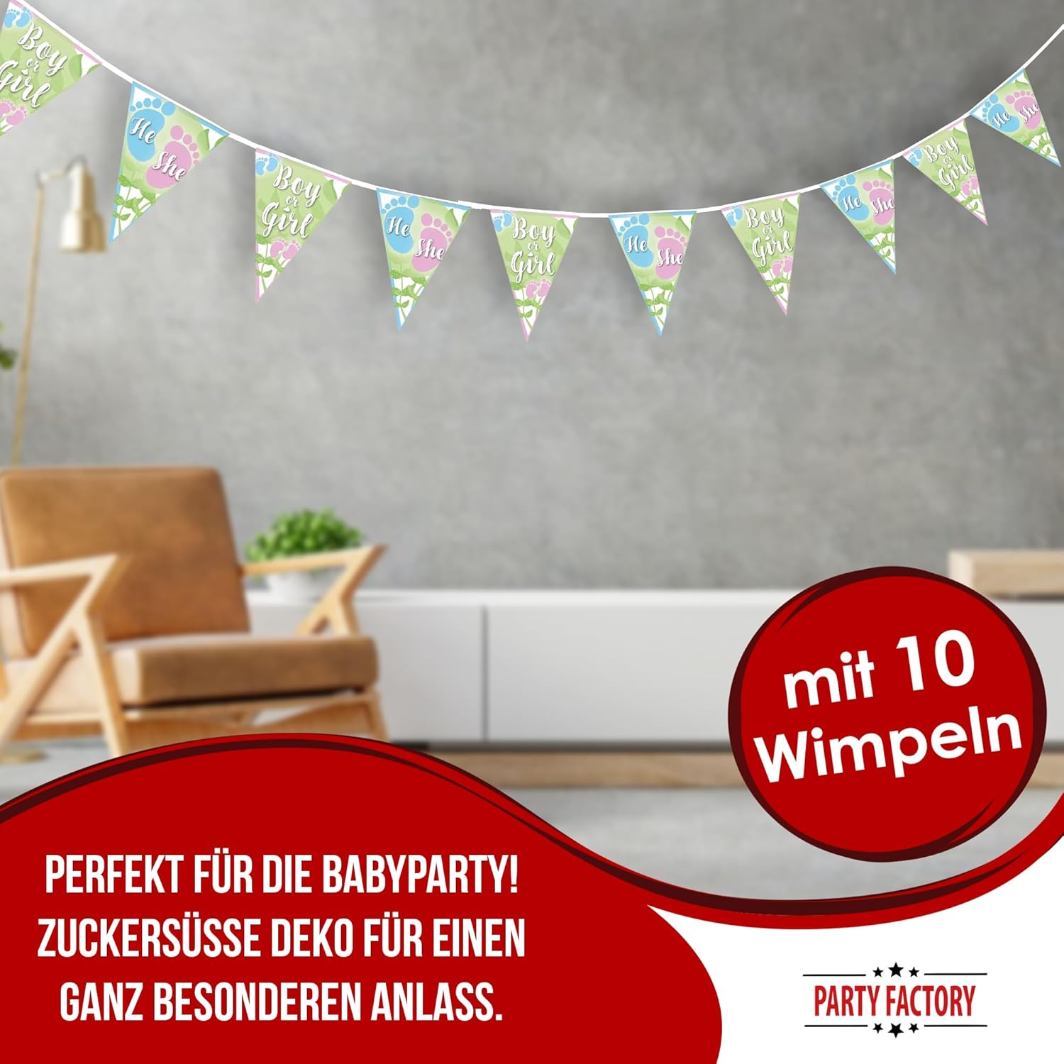 Gender Reveal Wimpelkette Grün 4–5 m – neutrale Deko für Babyparty & Reveal 2
