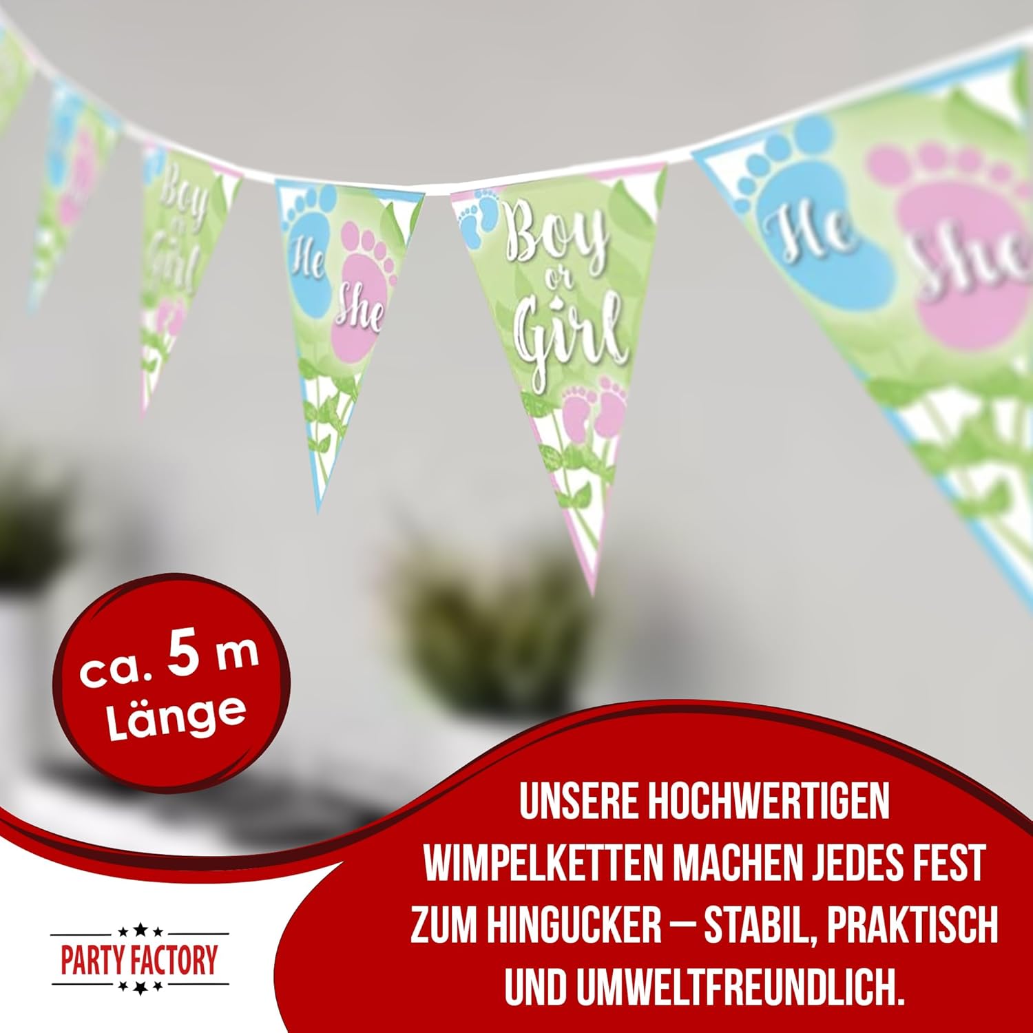 Gender Reveal Wimpelkette Grün 4–5 m – neutrale Deko für Babyparty & Reveal 3