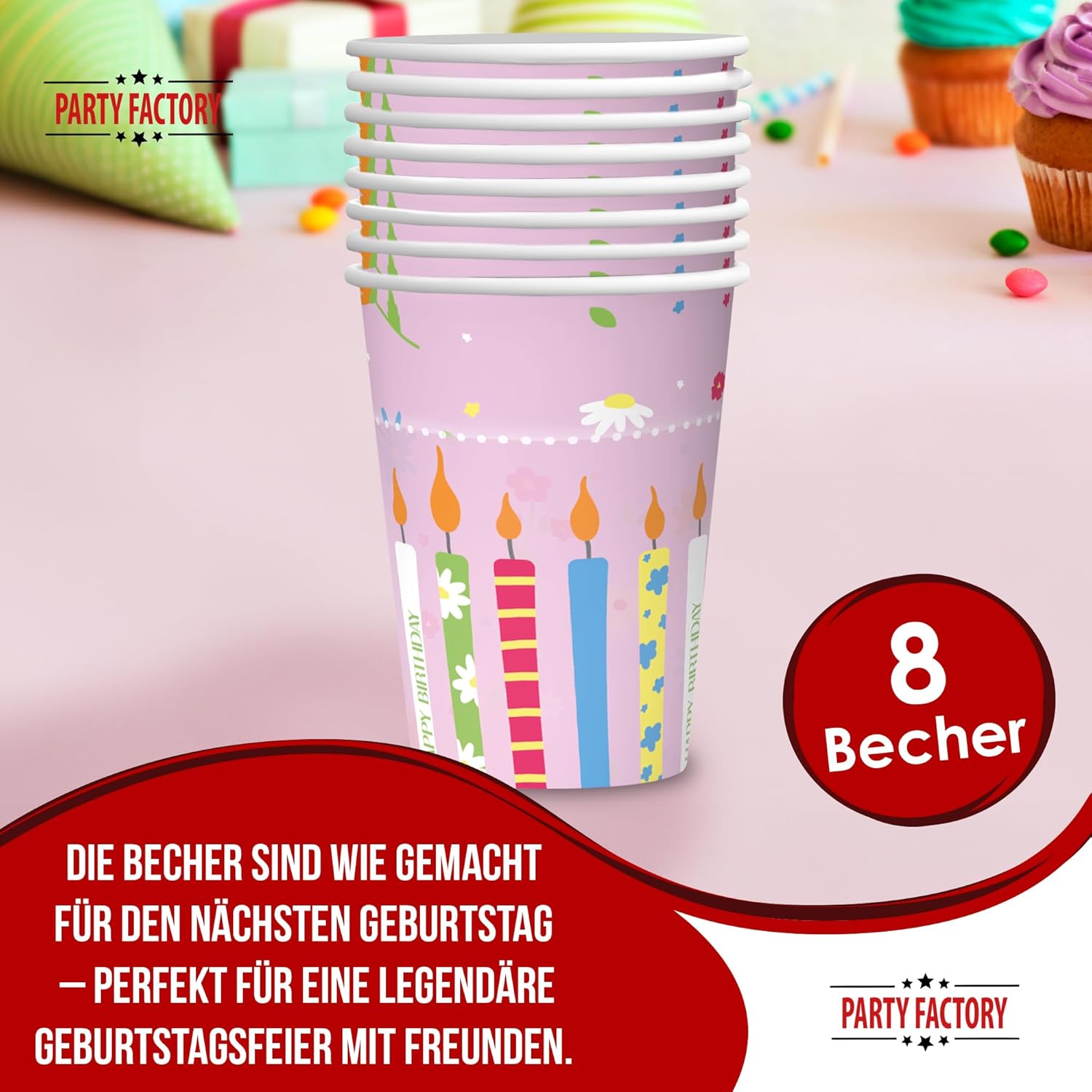 Happy Birthday Becher Rosa – 8er-Pack, 250 ml, Pappbecher für Geburtstagsdeko
