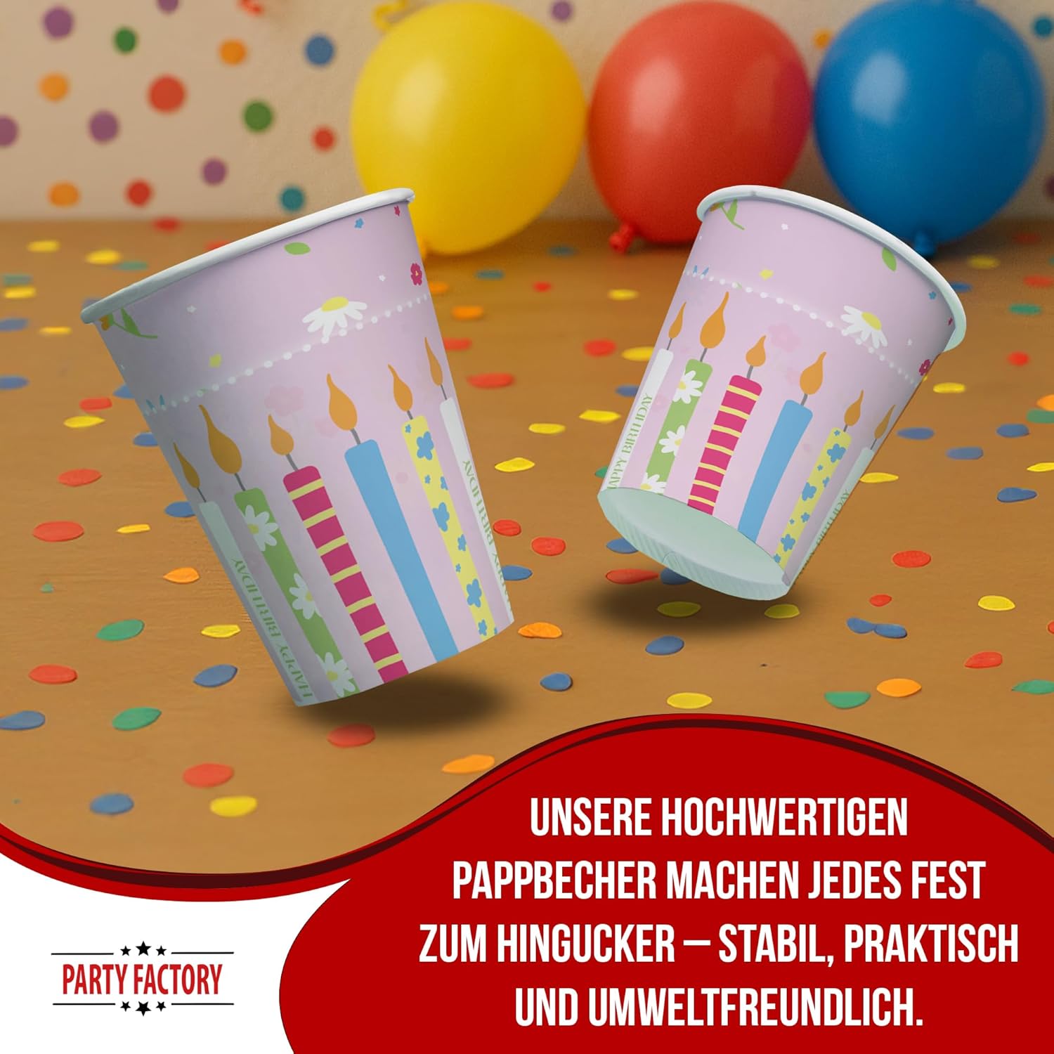 Happy Birthday Becher Rosa – 8er-Pack, 250 ml, Pappbecher für Geburtstagsdeko 2