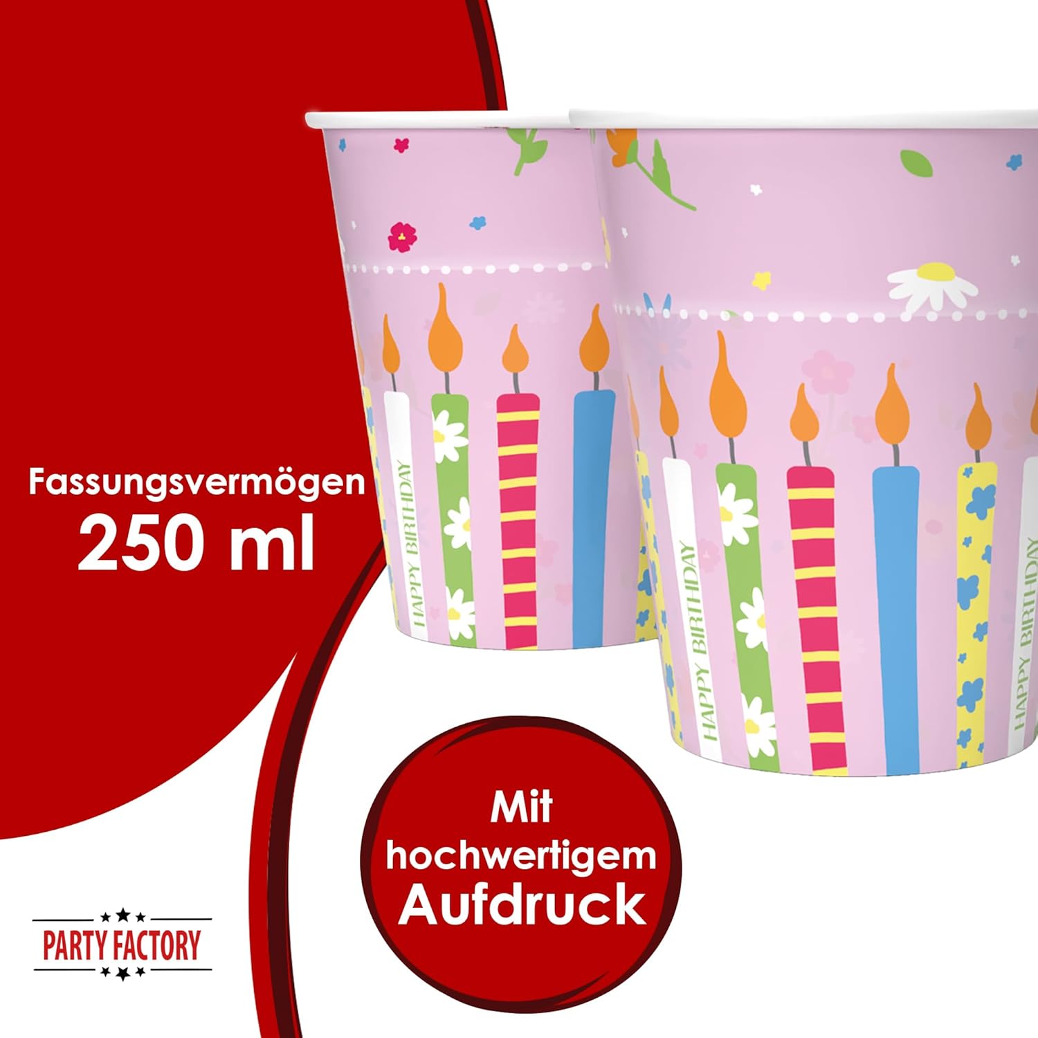 Happy Birthday Becher Rosa – 8er-Pack, 250 ml, Pappbecher für Geburtstagsdeko 3