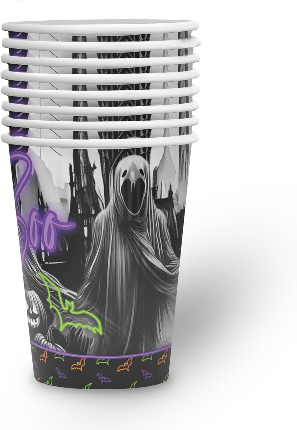 Halloween Neon Becher Motiv 2 – 8er-Pack, 250 ml, mit Geist- und Kürbismotiv