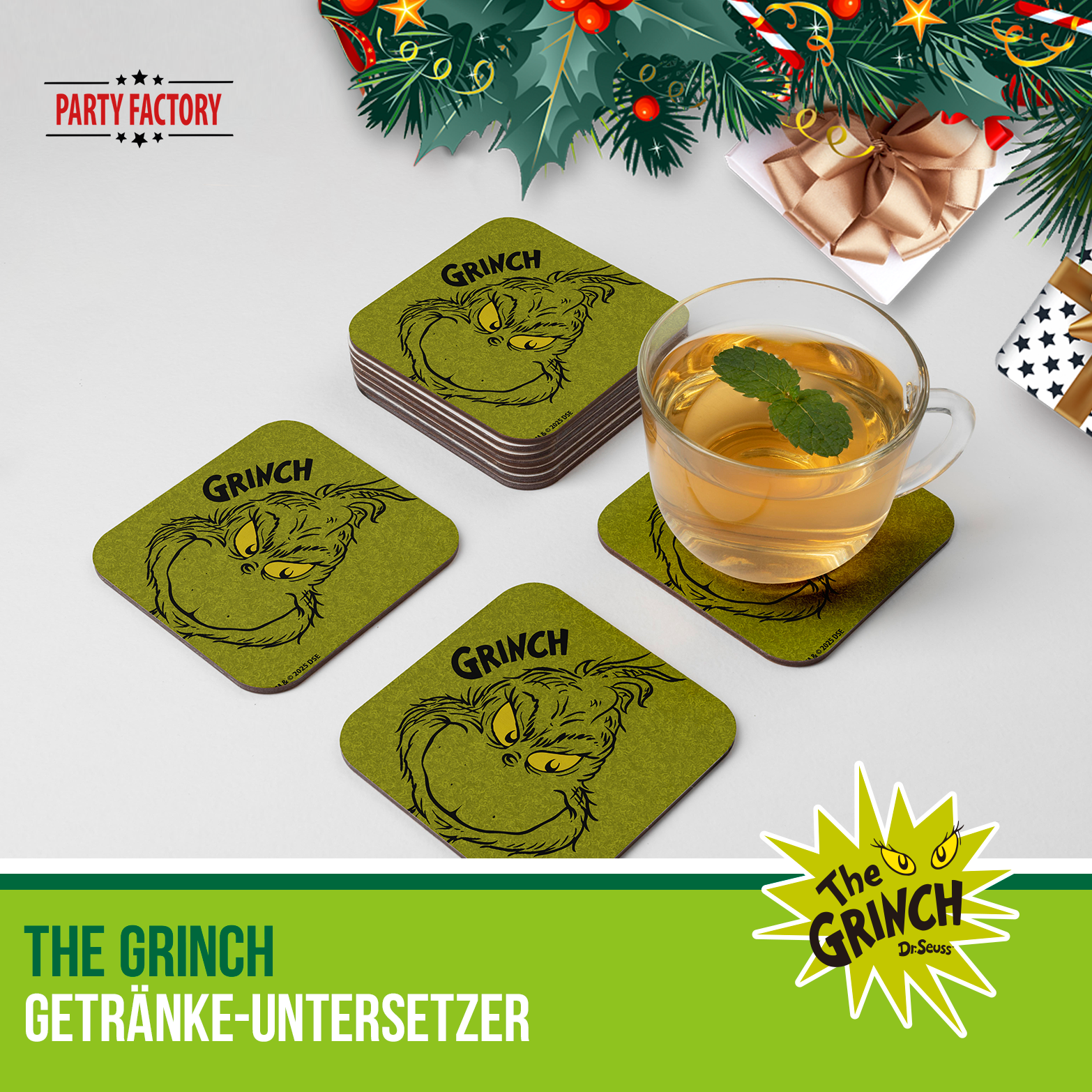 The Grinch Getränke-Untersetzer 4er Set grün – Weihnachts Tischdeko 5