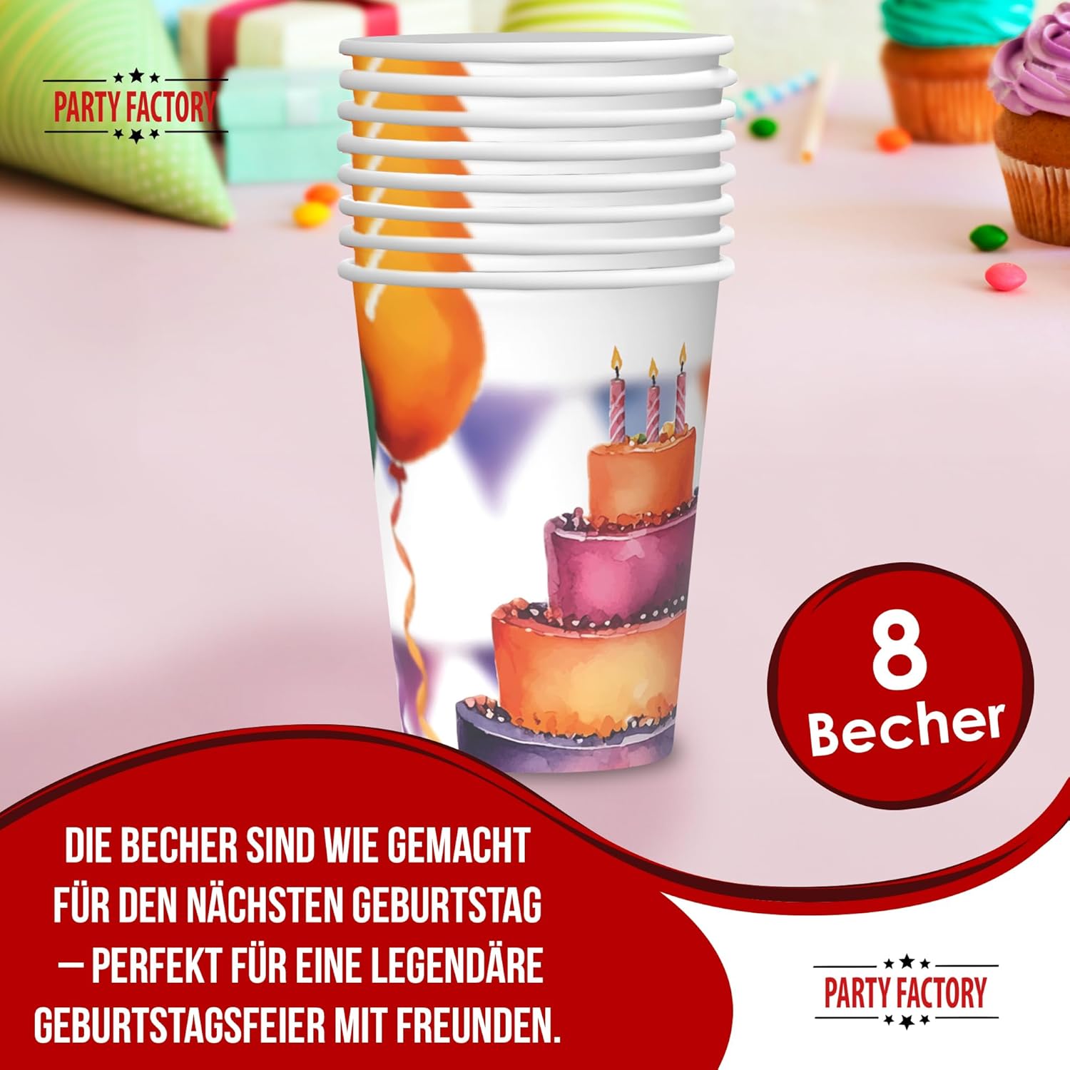 Becher Happy Birthday Watercolor – 8er-Pack, 250 ml, bunte Partybecher 2