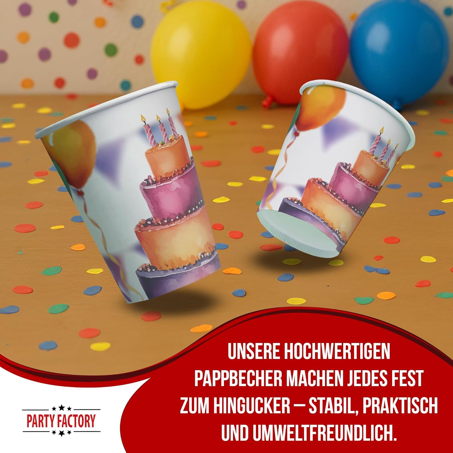 Becher Happy Birthday Watercolor – 8er-Pack, 250 ml, bunte Partybecher 3