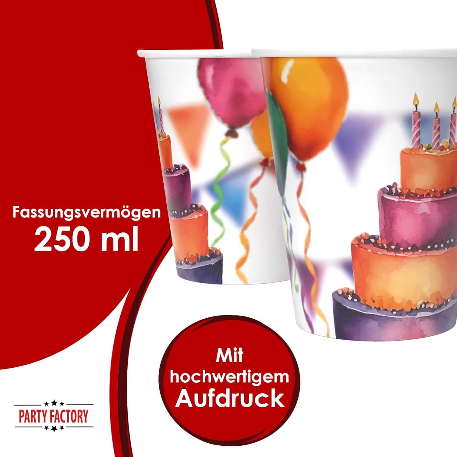 Becher Happy Birthday Watercolor – 8er-Pack, 250 ml, bunte Partybecher 4