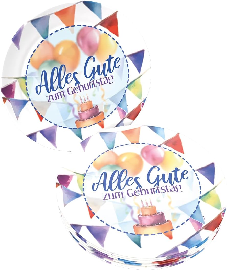 Happy Birthday Teller Watercolor – 8er-Pack, Ø 23 cm, bunte Deko für die Party