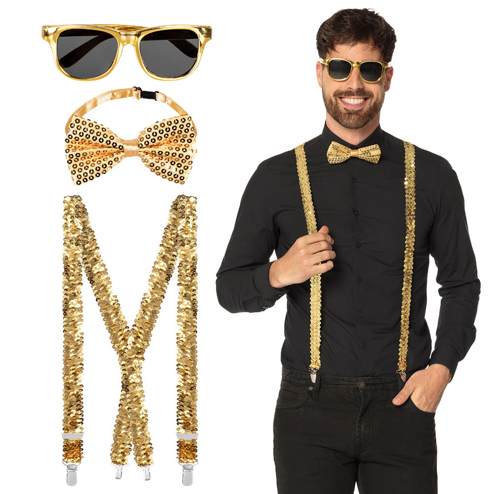 Satz Pailletten Gold – Party Set mit Hosenträgern, Fliege & Brille für Karneval