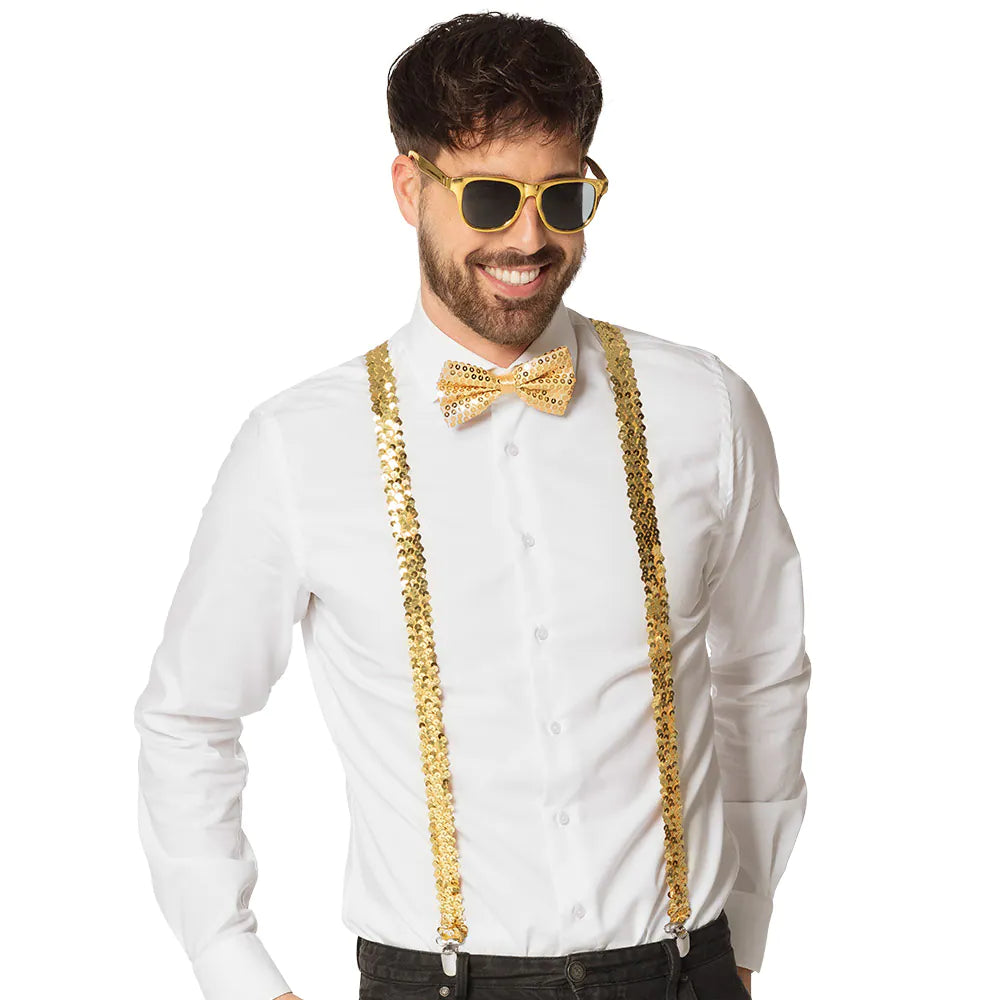 Satz Pailletten Gold – Party Set mit Hosenträgern, Fliege & Brille für Karneval 8