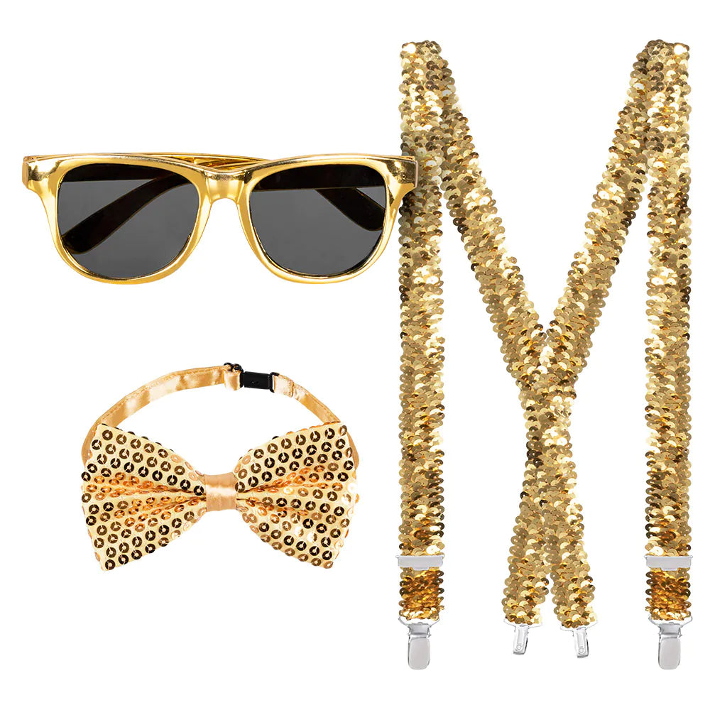Satz Pailletten Gold – Party Set mit Hosenträgern, Fliege & Brille für Karneval 9