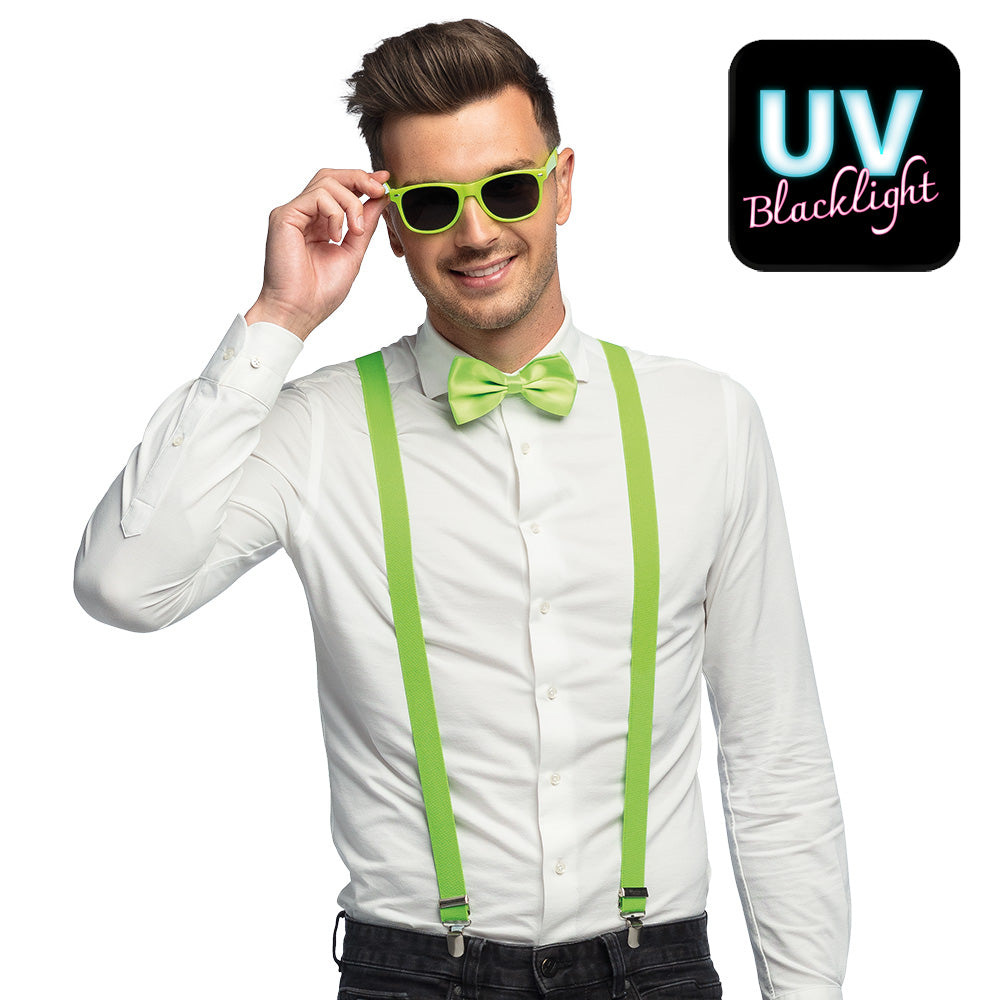 Satz Classic Farbauswahl Partybrille, Fliege und Hosenträger UV neongrün oder schwarz