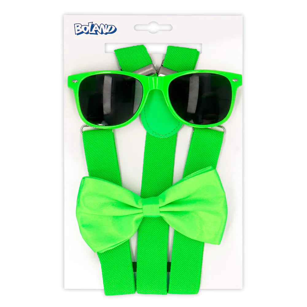 Satz Classic Farbauswahl Partybrille, Fliege und Hosenträger UV neongrün oder schwarz 3