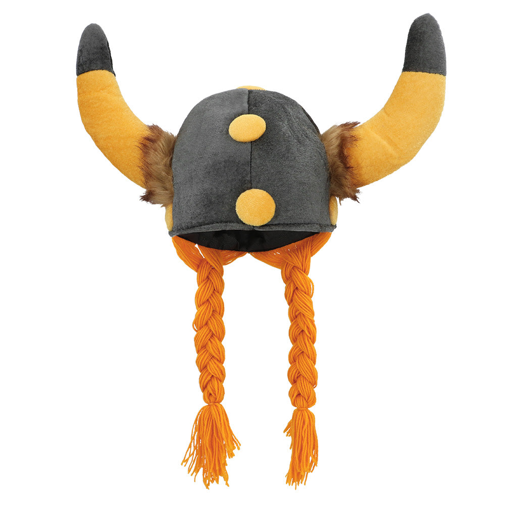 Gallierhut mit Haar – Plüsch Wikingerhelm mit Hörnern & Zöpfen für Karneval 2