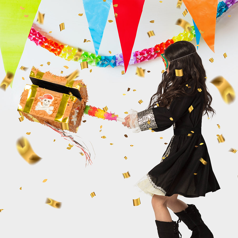 Zieh-Pinata Schatztruhe 30×26×23 cm – Schlag-Pinata in Braun-Gold für Kindergeburtstag 2