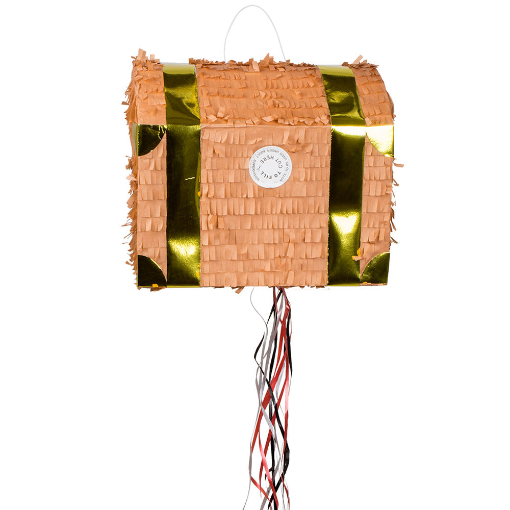Zieh-Pinata Schatztruhe 30×26×23 cm – Schlag-Pinata in Braun-Gold für Kindergeburtstag 4