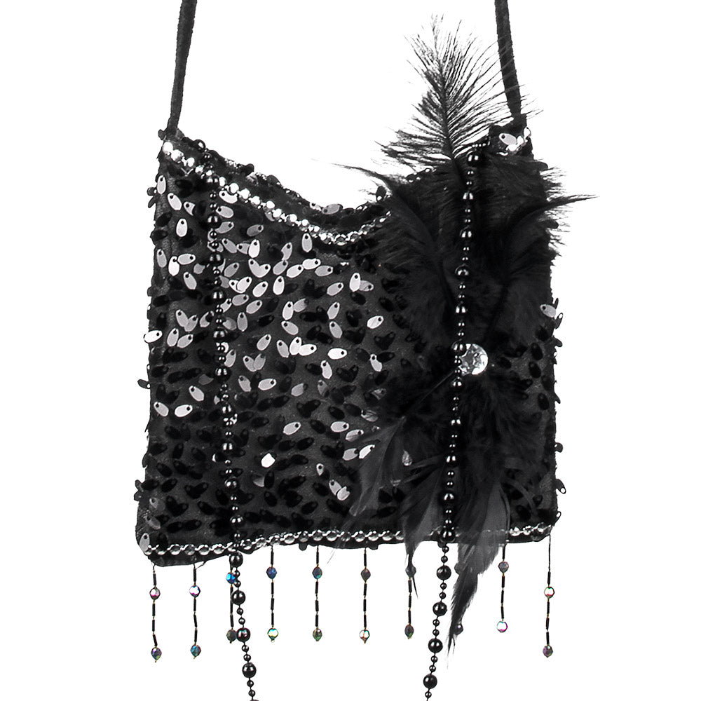 Handtasche Flapper schwarz – 20er Jahre Charleston Tasche mit Pailletten & Federn 3