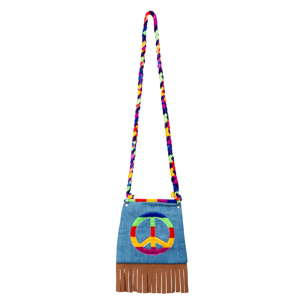 Umhängetasche Peace – Bunte Hippie Tasche mit Fransen 19x19 cm für Karneval 2