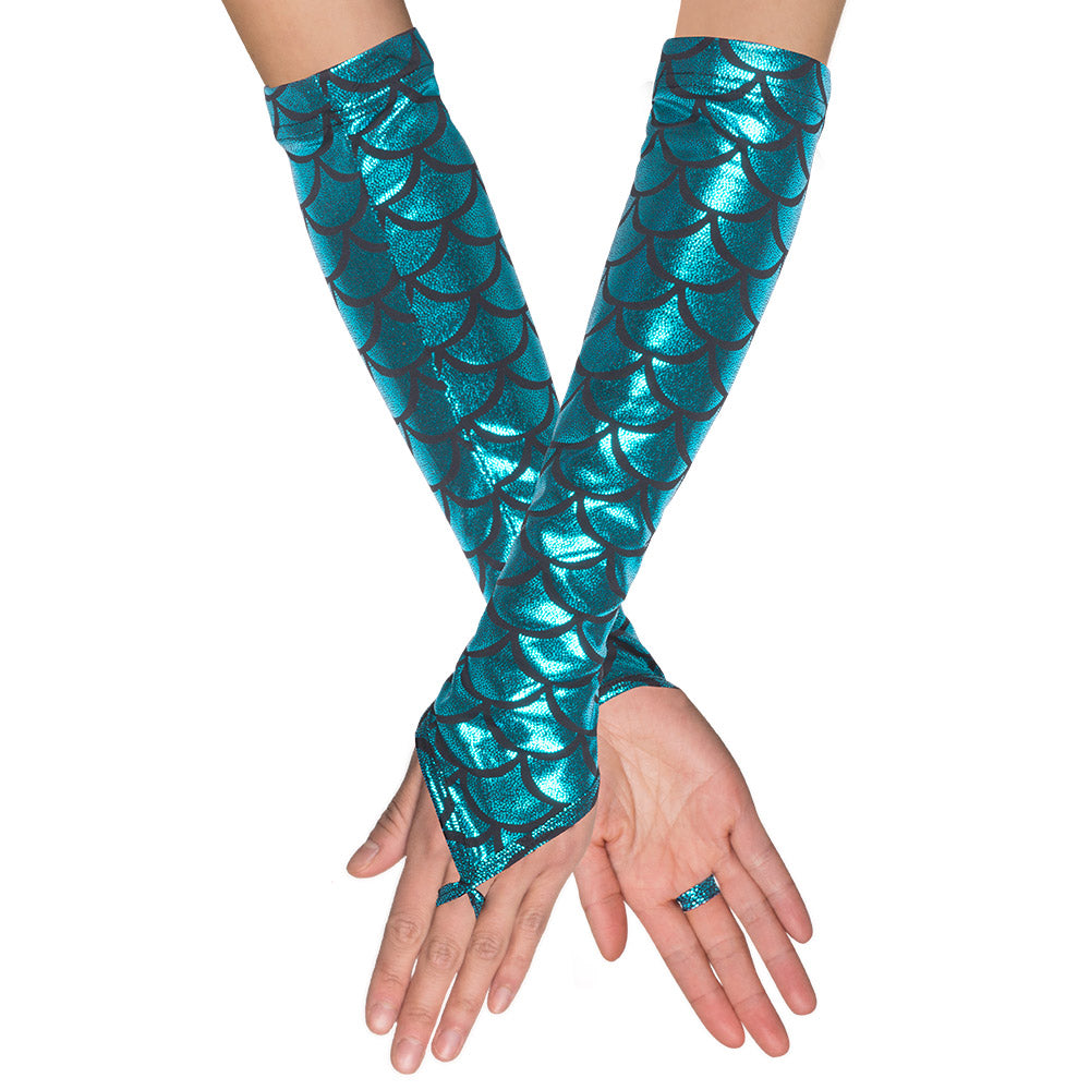 Handschuhe Opera Meerjungfrau – Blau-Grün Schuppenmuster, langes Paar für Damen 2