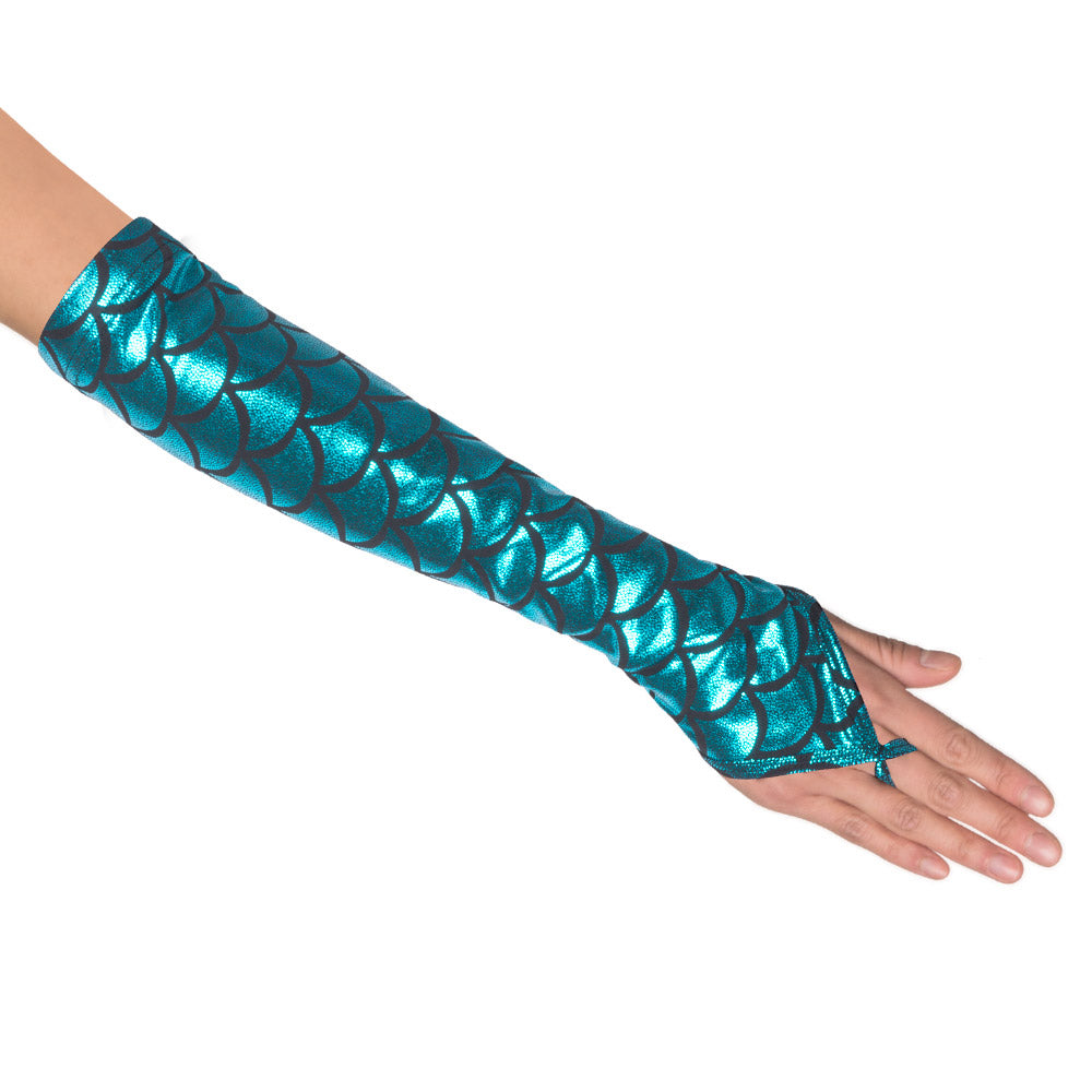 Handschuhe Opera Meerjungfrau – Blau-Grün Schuppenmuster, langes Paar für Damen 3