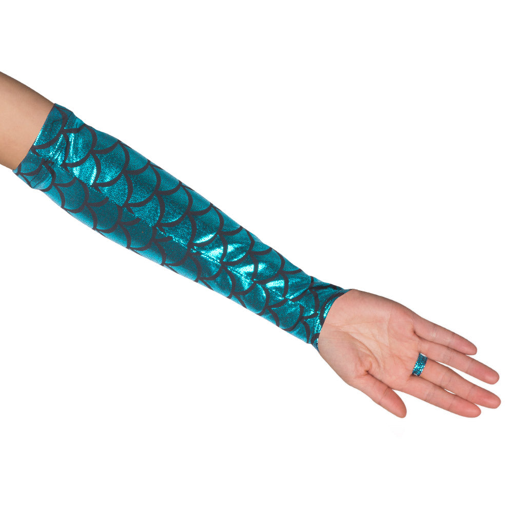 Handschuhe Opera Meerjungfrau – Blau-Grün Schuppenmuster, langes Paar für Damen 4