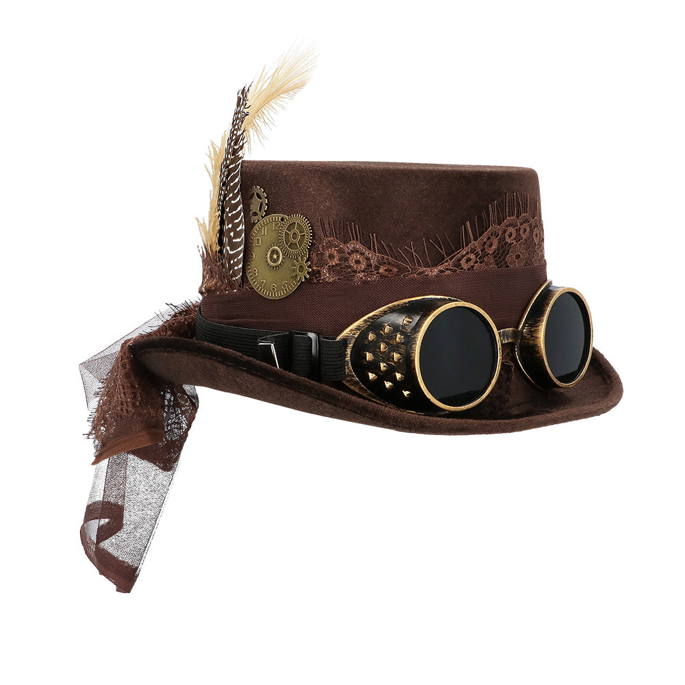 Steampunk Hut Specspunk Deluxe braun mit Brille & Feder – Zylinder Kostüm 2