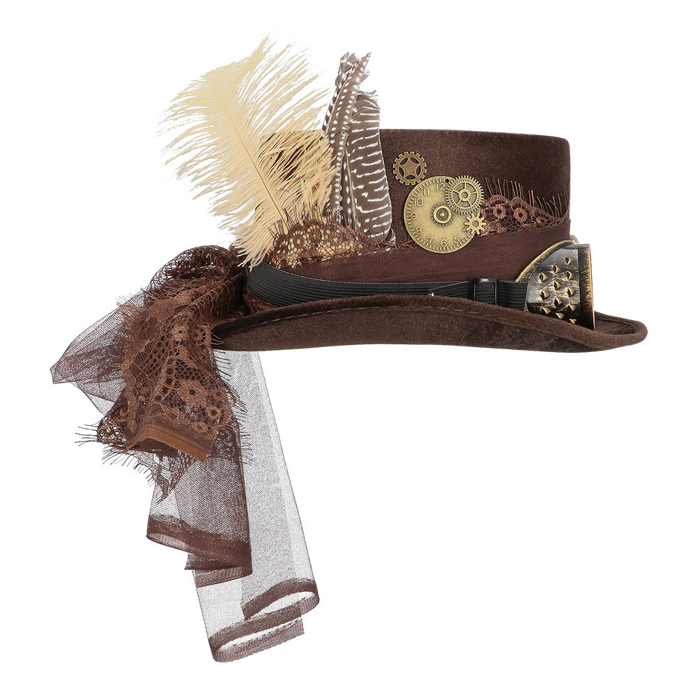Steampunk Hut Specspunk Deluxe braun mit Brille & Feder – Zylinder Kostüm 4