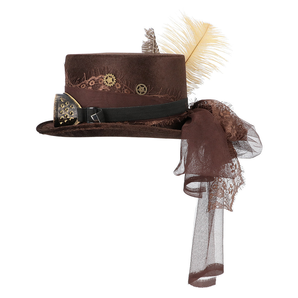 Steampunk Hut Specspunk Deluxe braun mit Brille & Feder – Zylinder Kostüm 5