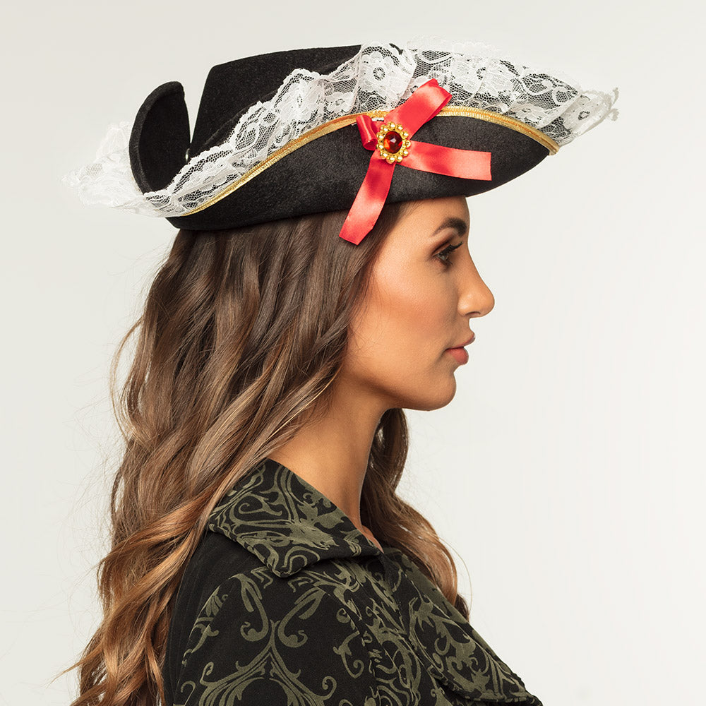 Piratenhut Stacey schwarz mit Spitze und roter Schleife für Damen Kostüm 2