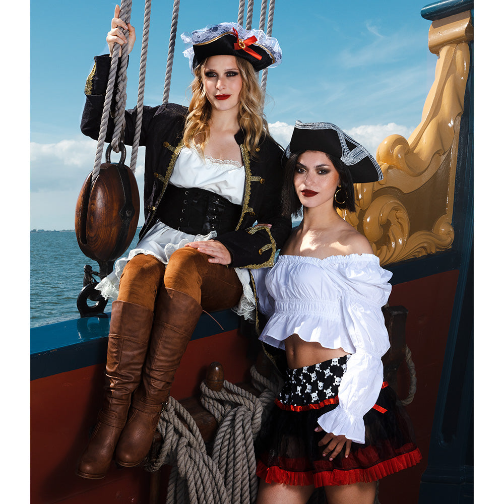 Piratenhut Stacey schwarz mit Spitze und roter Schleife für Damen Kostüm 3